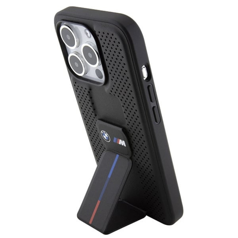 BMW BMHCP15LGSPPRK Apple iPhone 15 Pro dėklas Grip Stand Smooth & Perforated, juodas