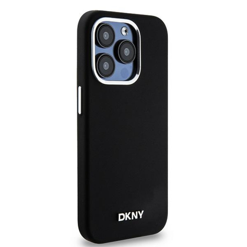 DKNY Apple iPhone 15 Pro dėklas Liquid Silicone Small Metal Logo MagSafe, juodas