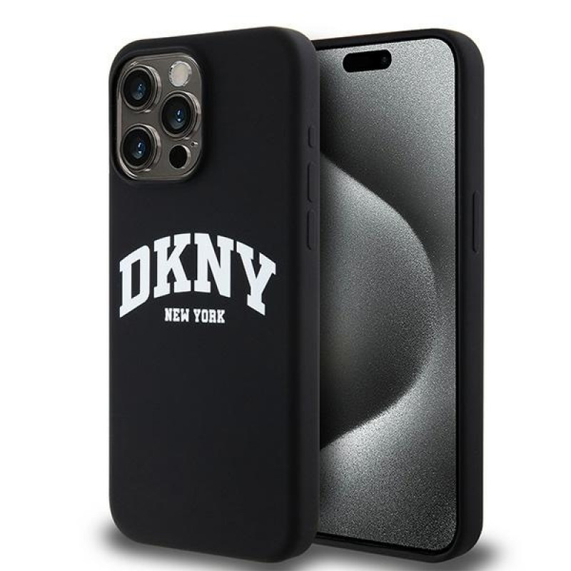 DKNY Apple iPhone 15 Pro Max kietasis dėklas Liquid Silicone White Printed Logo MagSafe, juodas