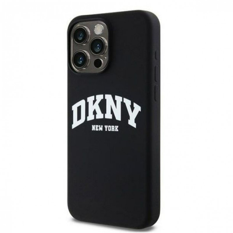 DKNY Apple iPhone 15 Pro Max kietasis dėklas Liquid Silicone White Printed Logo MagSafe, juodas