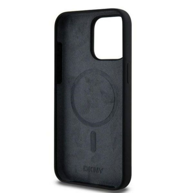 DKNY Apple iPhone 15 Pro Max kietasis dėklas Liquid Silicone White Printed Logo MagSafe, juodas