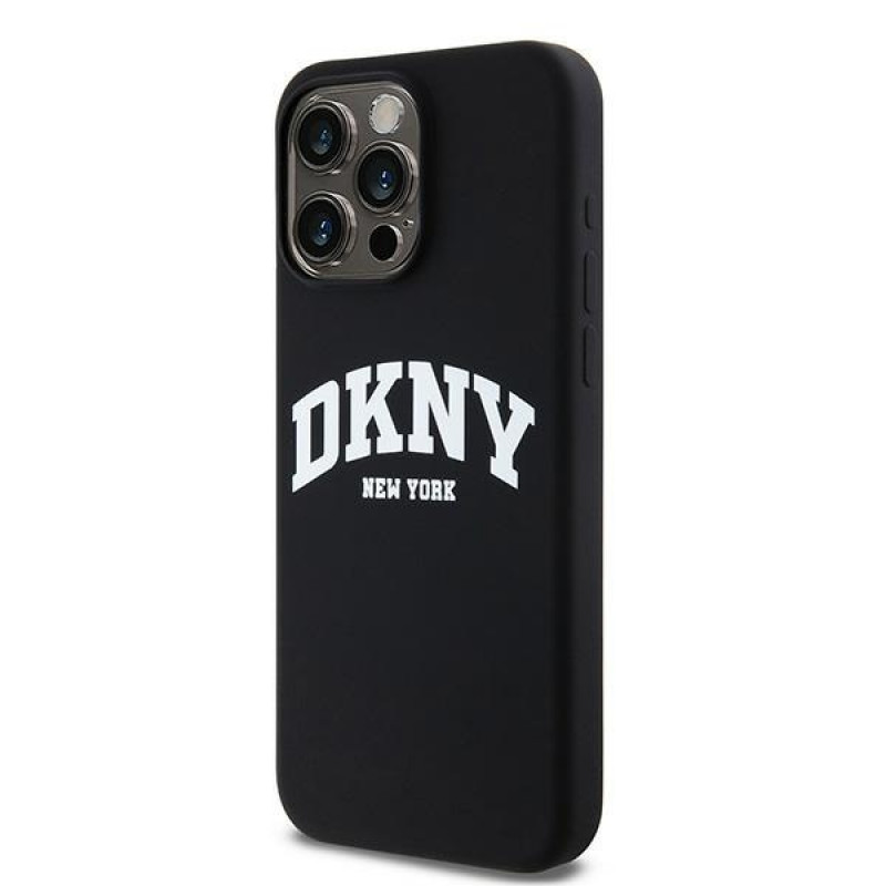DKNY Apple iPhone 15 Pro Max kietasis dėklas Liquid Silicone White Printed Logo MagSafe, juodas