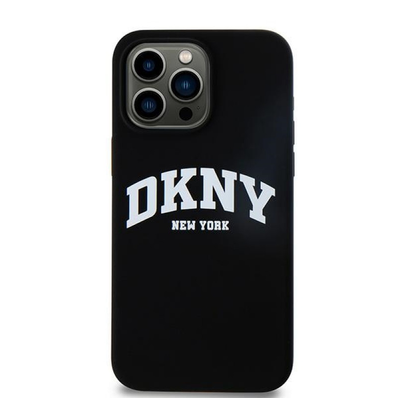 DKNY Apple iPhone 15 Pro Max kietasis dėklas Liquid Silicone White Printed Logo MagSafe, juodas