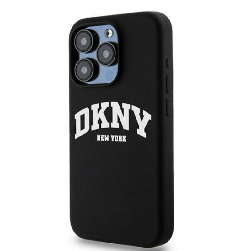 DKNY Apple iPhone 14 Pro dėklas Liquid Silicone White Printed Logo MagSafe, juodas