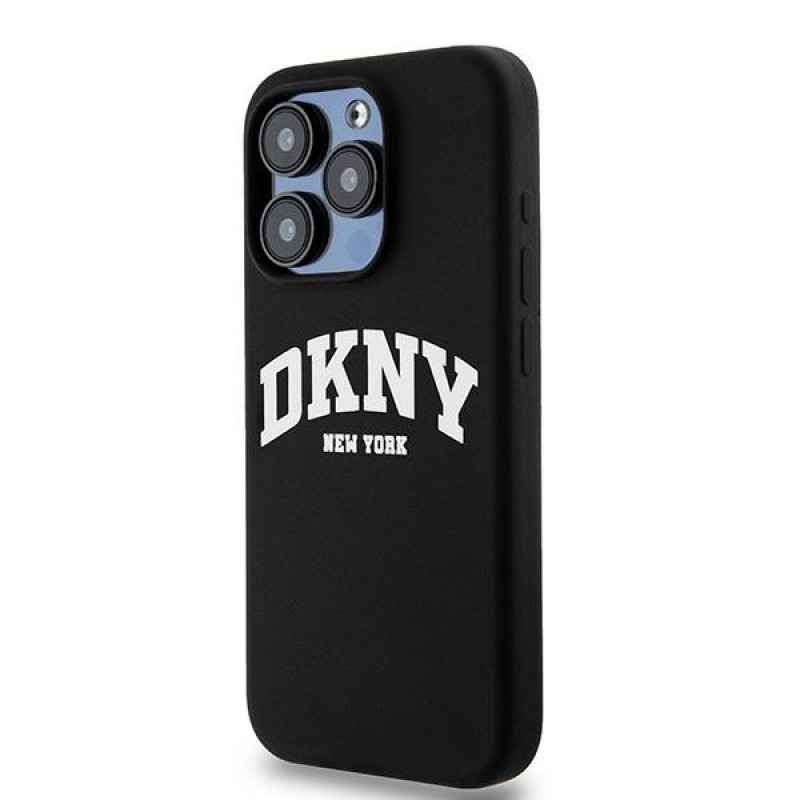 DKNY Apple iPhone 14 Pro dėklas Liquid Silicone White Printed Logo MagSafe, juodas