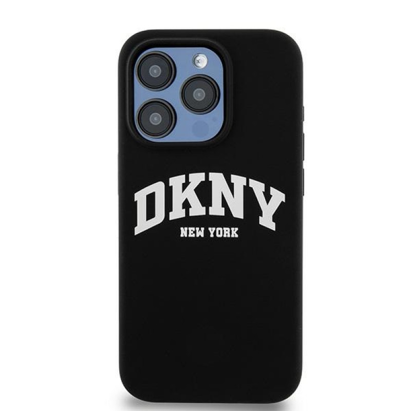 DKNY Apple iPhone 14 Pro dėklas Liquid Silicone White Printed Logo MagSafe, juodas