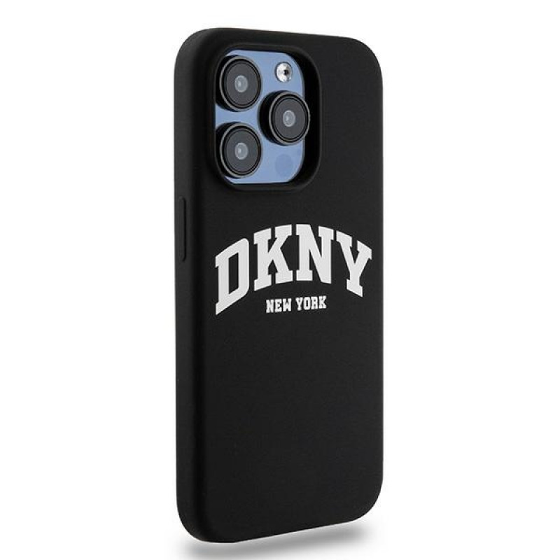 DKNY Apple iPhone 14 Pro dėklas Liquid Silicone White Printed Logo MagSafe, juodas