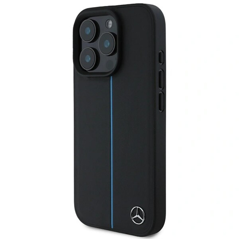 Mercedes MEHMP16L23RURBK Apple iPhone 16 Pro kietasis dėklas MB Blue Line Leather MagSafe, juodas