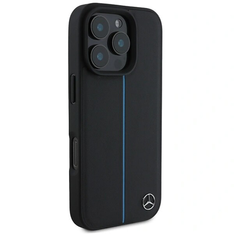 Mercedes MEHMP16L23RURBK Apple iPhone 16 Pro kietasis dėklas MB Blue Line Leather MagSafe, juodas