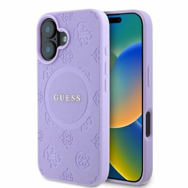 Guess Saffiano Peony Stamp MagSafe dėklas, skirtas Apple iPhone 16, purpurinis
