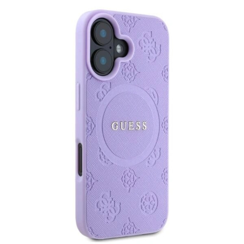 Guess Saffiano Peony Stamp MagSafe dėklas, skirtas Apple iPhone 16, purpurinis