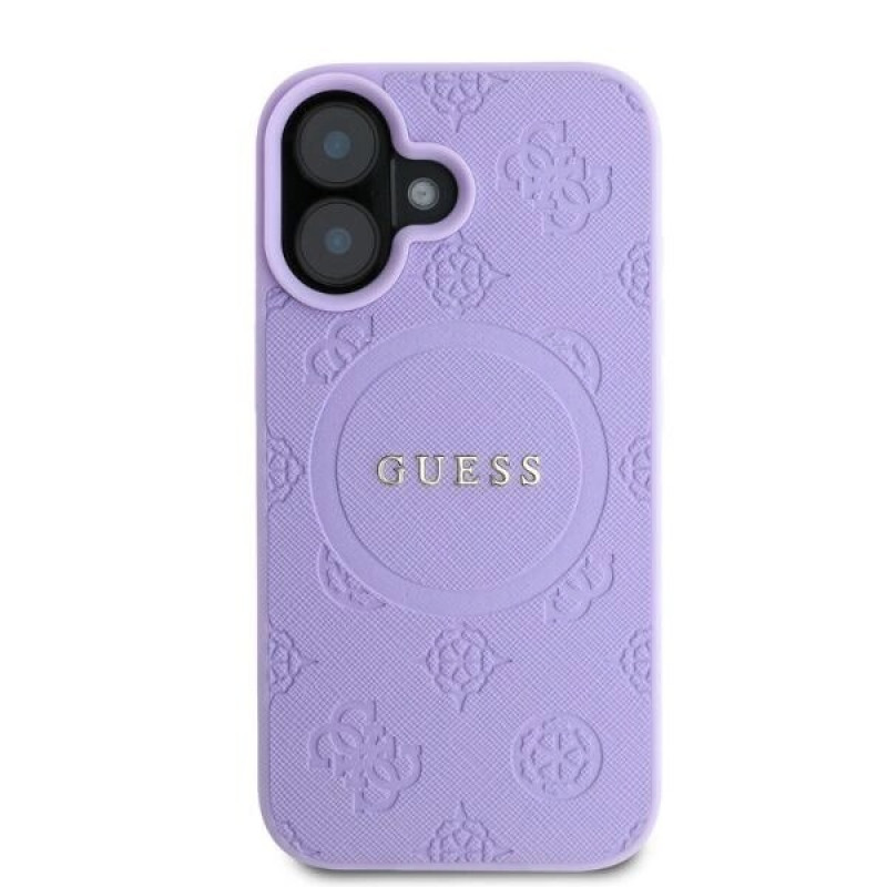 Guess Saffiano Peony Stamp MagSafe dėklas, skirtas Apple iPhone 16, purpurinis