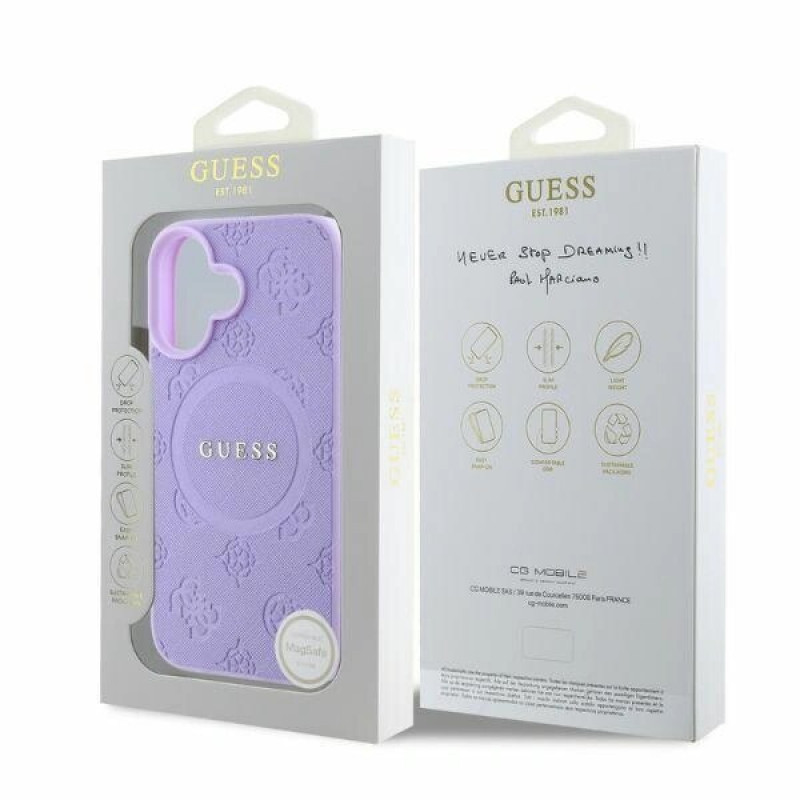 Guess Saffiano Peony Stamp MagSafe dėklas, skirtas Apple iPhone 16, purpurinis