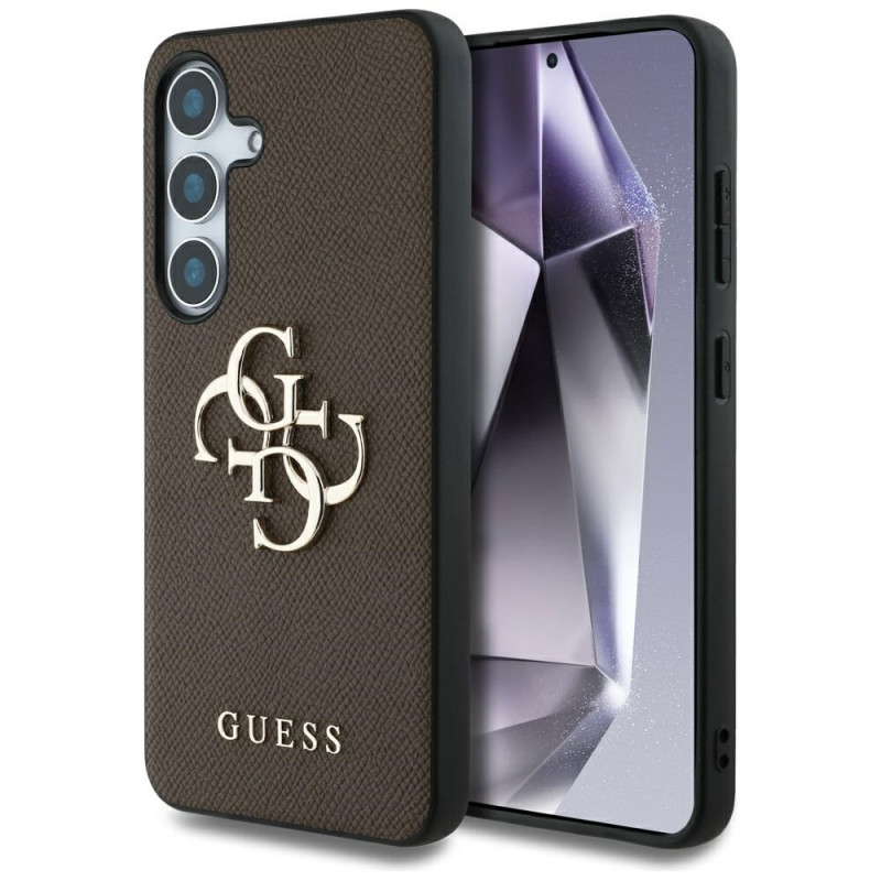 Guess Grained Big 4G Logo Small Classic Logo kietas dėklas, skirtas Samsung Galaxy S25+, rudas