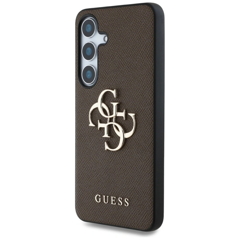 Guess Grained Big 4G Logo Small Classic Logo kietas dėklas, skirtas Samsung Galaxy S25+, rudas