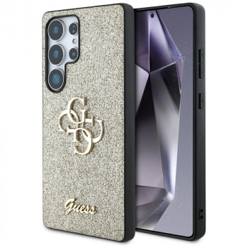 Guess Fixed Glitter Big 4G Metal Logo kietas dėklas, skirtas Samsung Galaxy S25 Ultra, auksinis