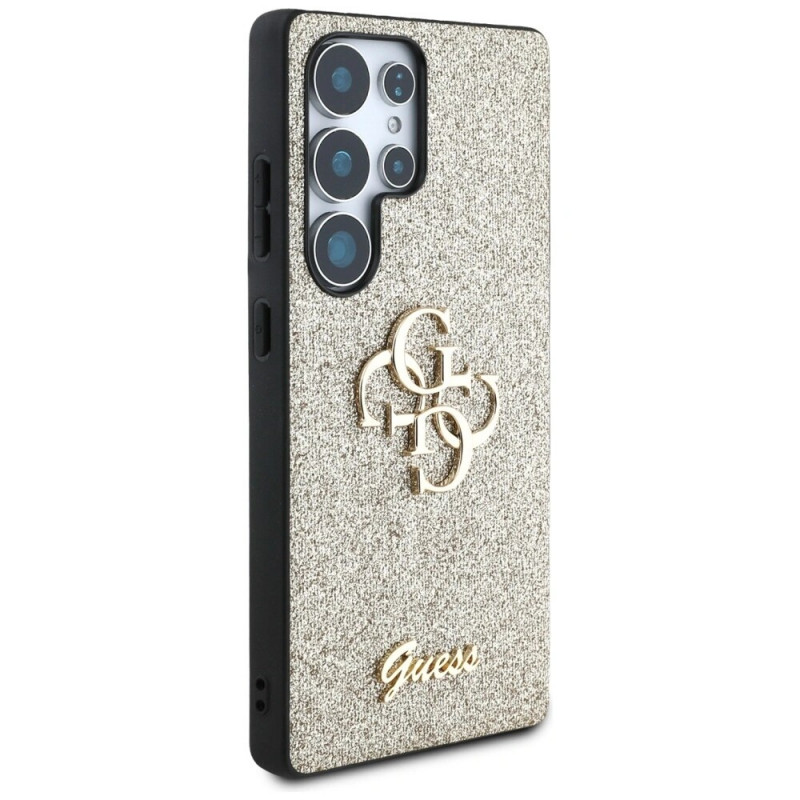 Guess Fixed Glitter Big 4G Metal Logo kietas dėklas, skirtas Samsung Galaxy S25 Ultra, auksinis