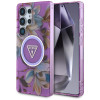 Guess Glitter Flowers Triangle Buttons MagSafe dėklas, skirtas Samsung Galaxy S25 Ultra, purpurinis