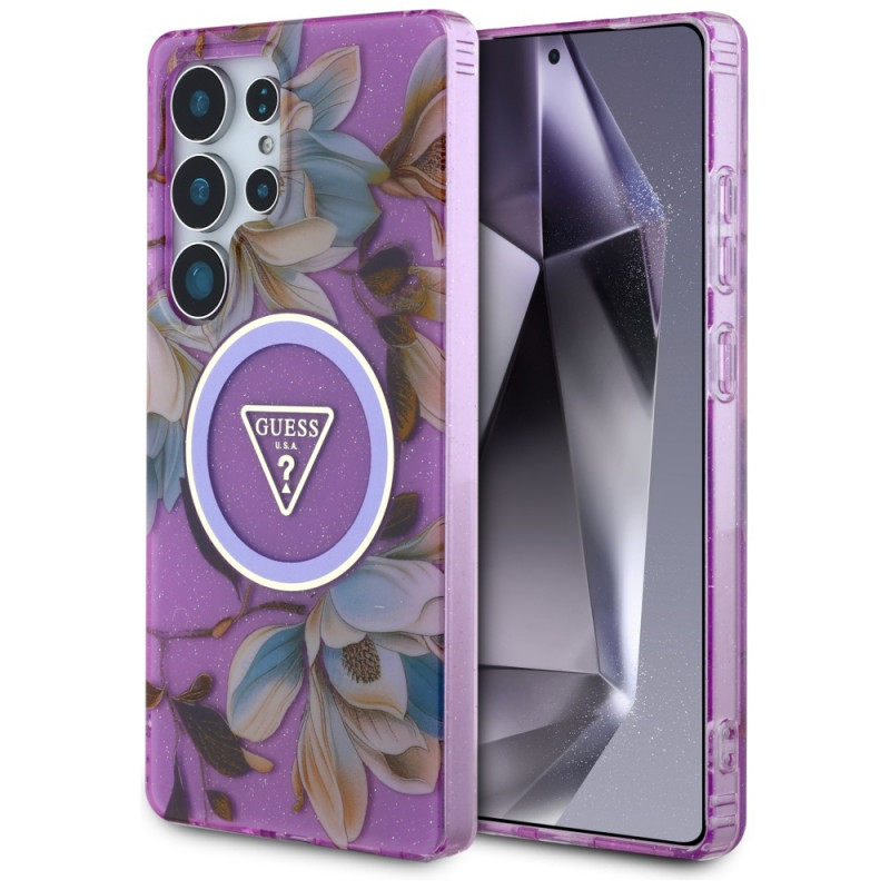Guess Glitter Flowers Triangle Buttons MagSafe dėklas, skirtas Samsung Galaxy S25 Ultra, purpurinis