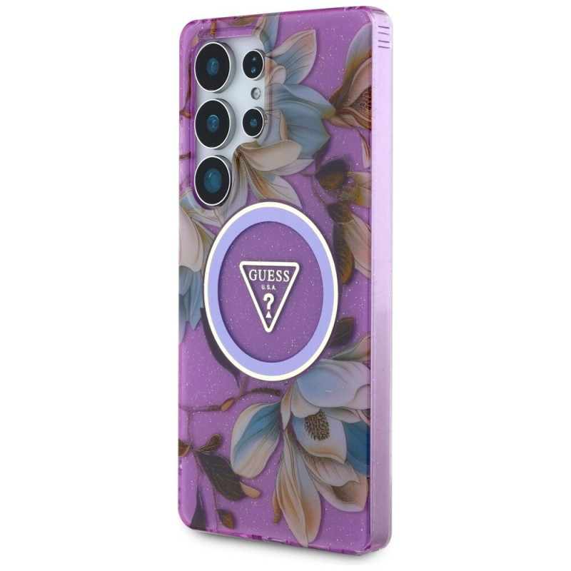 Guess Glitter Flowers Triangle Buttons MagSafe dėklas, skirtas Samsung Galaxy S25 Ultra, purpurinis