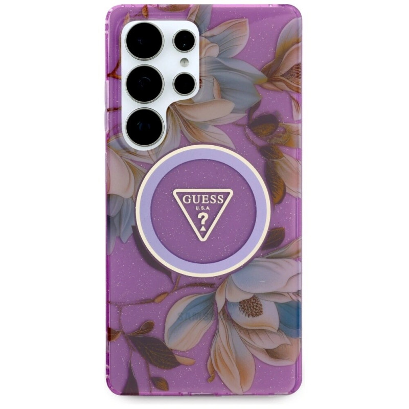 Guess Glitter Flowers Triangle Buttons MagSafe dėklas, skirtas Samsung Galaxy S25 Ultra, purpurinis
