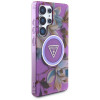 Guess Glitter Flowers Triangle Buttons MagSafe dėklas, skirtas Samsung Galaxy S25 Ultra, purpurinis