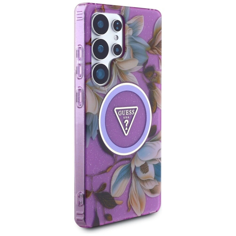Guess Glitter Flowers Triangle Buttons MagSafe dėklas, skirtas Samsung Galaxy S25 Ultra, purpurinis