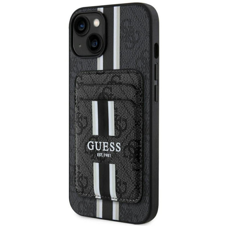 Guess Guess 4G Stripes MagSafe Wallet dėklas su pinigine, skirtas Apple iPhone 15, juodas