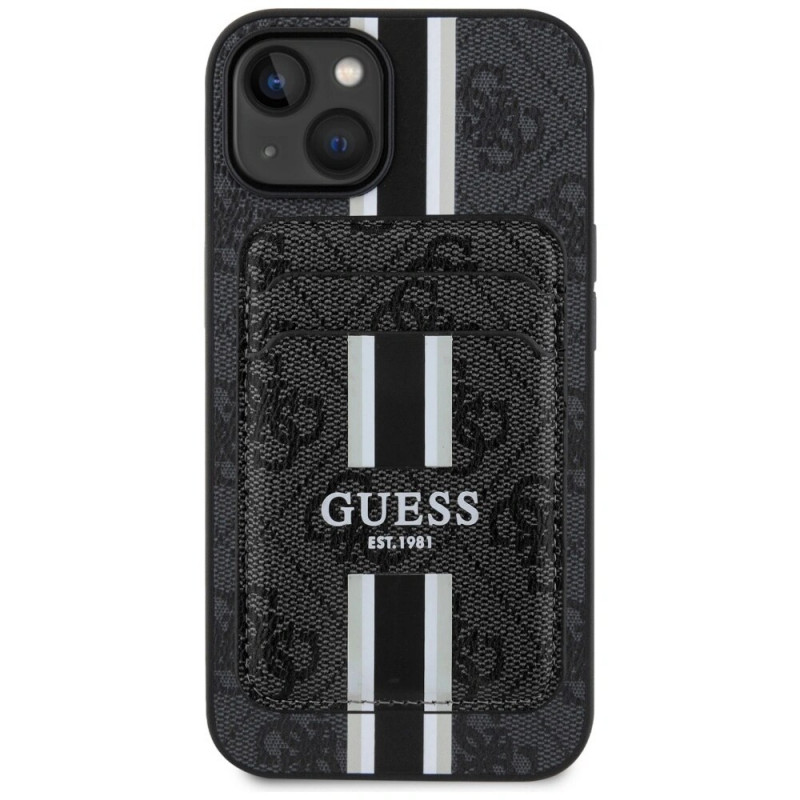 Guess Guess 4G Stripes MagSafe Wallet dėklas su pinigine, skirtas Apple iPhone 15, juodas