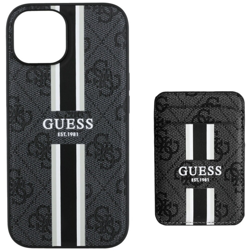 Guess Guess 4G Stripes MagSafe Wallet dėklas su pinigine, skirtas Apple iPhone 15, juodas