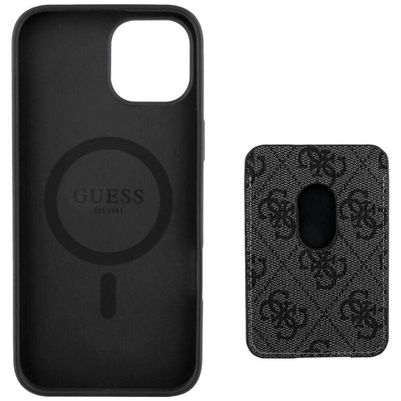 Guess Guess 4G Stripes MagSafe Wallet dėklas su pinigine, skirtas Apple iPhone 15, juodas
