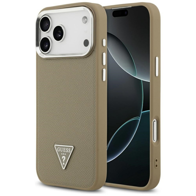 Guess Grained Triangle Logo MagSafe kietas dėklas, skirtas Apple iPhone 17 Pro Max, rudas