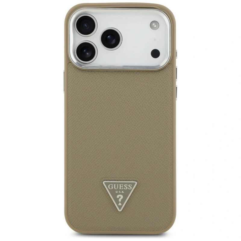 Guess Grained Triangle Logo MagSafe kietas dėklas, skirtas Apple iPhone 17 Pro Max, rudas
