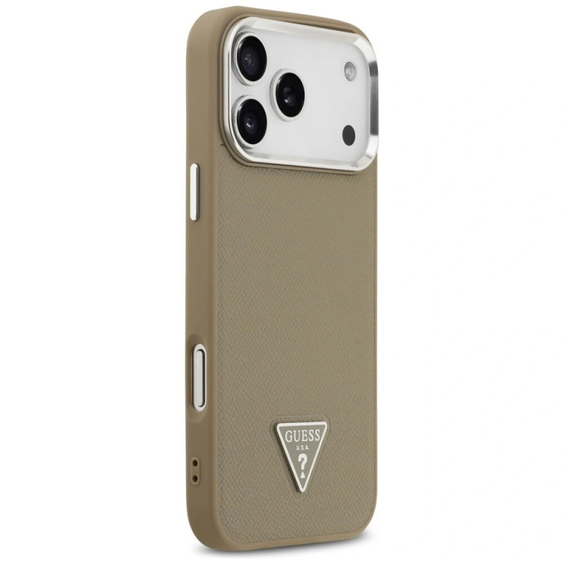 Guess Grained Triangle Logo MagSafe kietas dėklas, skirtas Apple iPhone 17 Pro Max, rudas