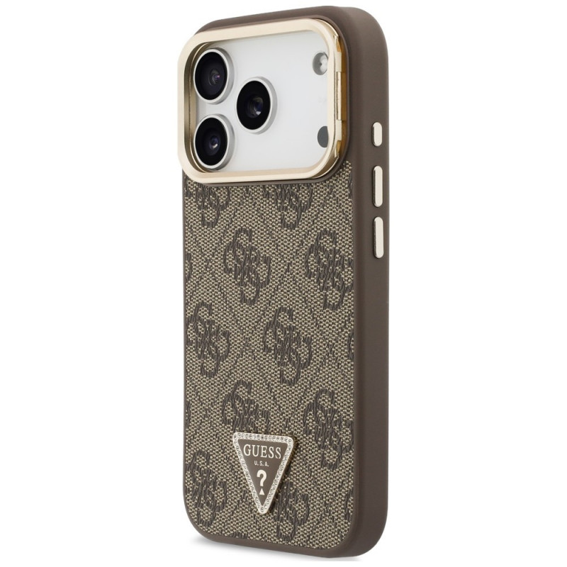 Guess 4G PU Triangle Logo & Stand Camera MagSafe dėklas, skirtas Apple iPhone 18 Pro Max / 17 Pro Max, rudas
