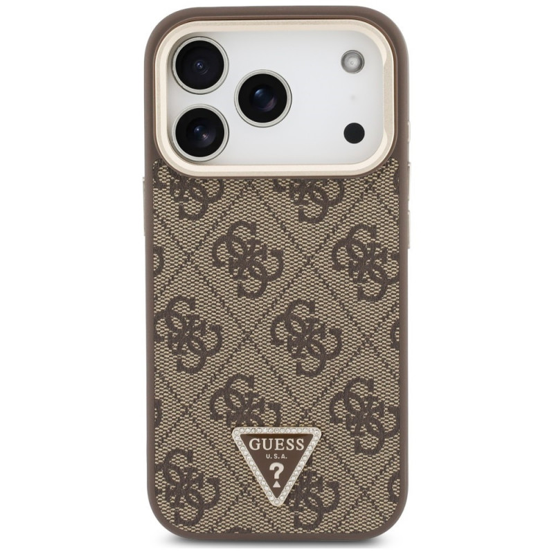 Guess 4G PU Triangle Logo & Stand Camera MagSafe dėklas, skirtas Apple iPhone 18 Pro Max / 17 Pro Max, rudas