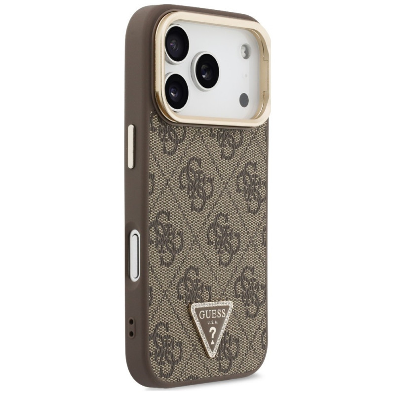 Guess 4G PU Triangle Logo & Stand Camera MagSafe dėklas, skirtas Apple iPhone 18 Pro Max / 17 Pro Max, rudas