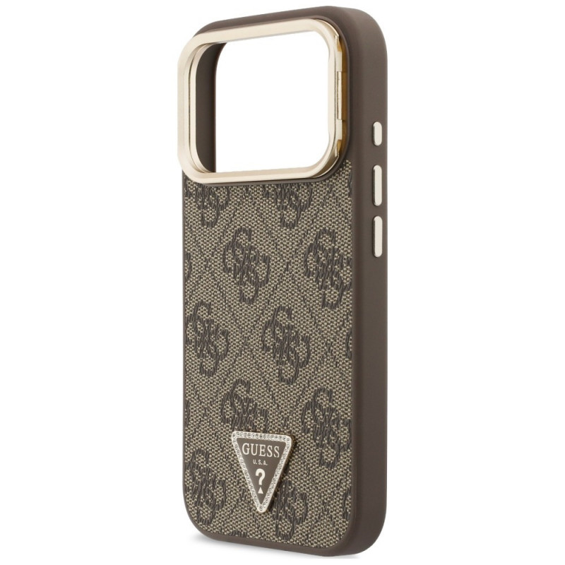 Guess 4G PU Triangle Logo & Stand Camera MagSafe dėklas, skirtas Apple iPhone 18 Pro Max / 17 Pro Max, rudas
