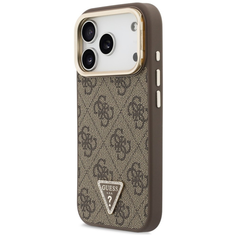 Guess 4G PU Triangle Logo & Stand Camera MagSafe dėklas, rudas, skirtas Apple iPhone 18 Pro / 17 Pro