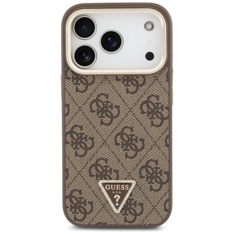 Guess 4G PU Triangle Logo & Stand Camera MagSafe dėklas, rudas, skirtas Apple iPhone 18 Pro / 17 Pro