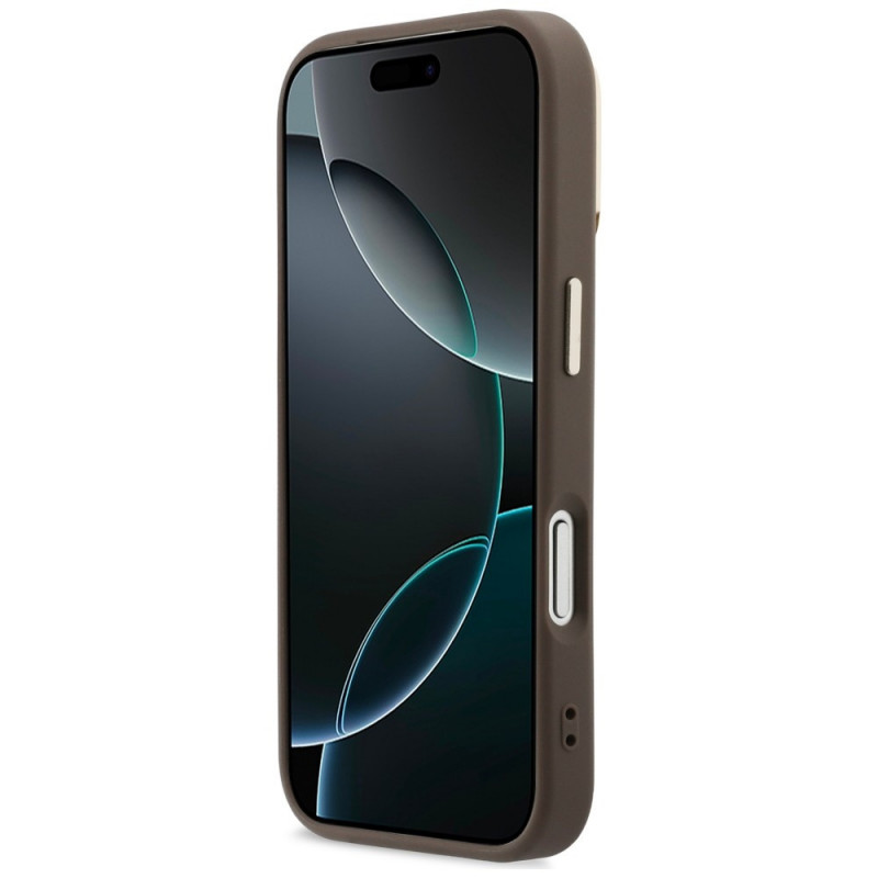 Guess 4G PU Triangle Logo & Stand Camera MagSafe dėklas, rudas, skirtas Apple iPhone 18 Pro / 17 Pro