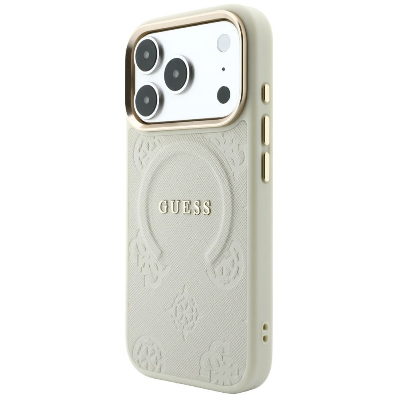 Guess Saffiano Peony & Ring MagSafe dėklas, skirtas Apple iPhone 18 Pro / 17 Pro, smėlio spalvos