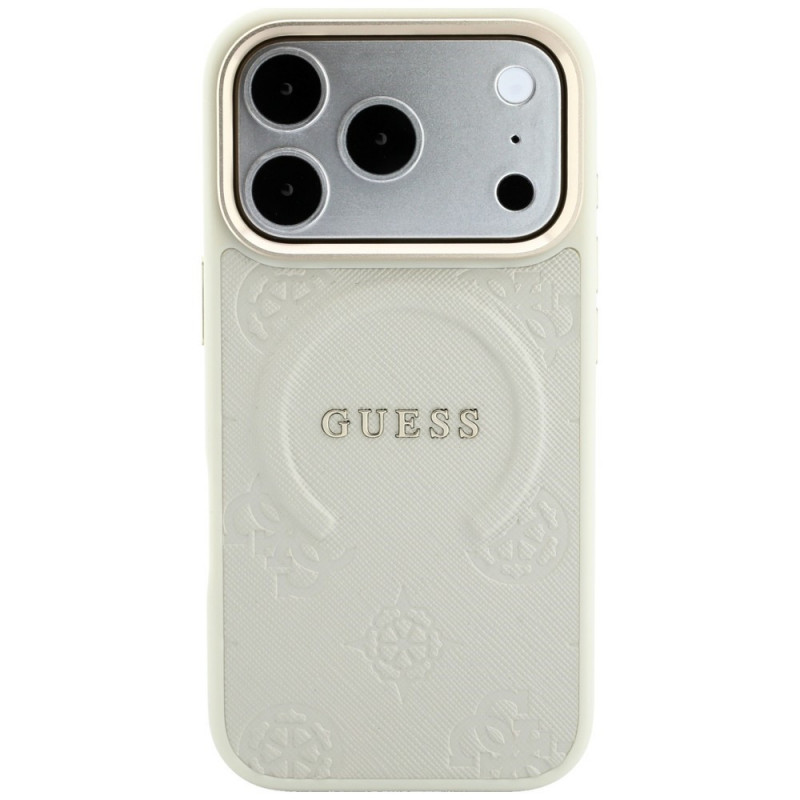 Guess Saffiano Peony & Ring MagSafe dėklas, skirtas Apple iPhone 18 Pro / 17 Pro, smėlio spalvos