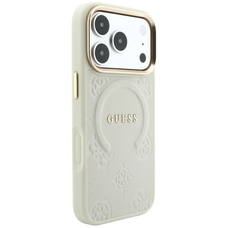 Guess Saffiano Peony & Ring MagSafe dėklas, skirtas Apple iPhone 18 Pro / 17 Pro, smėlio spalvos