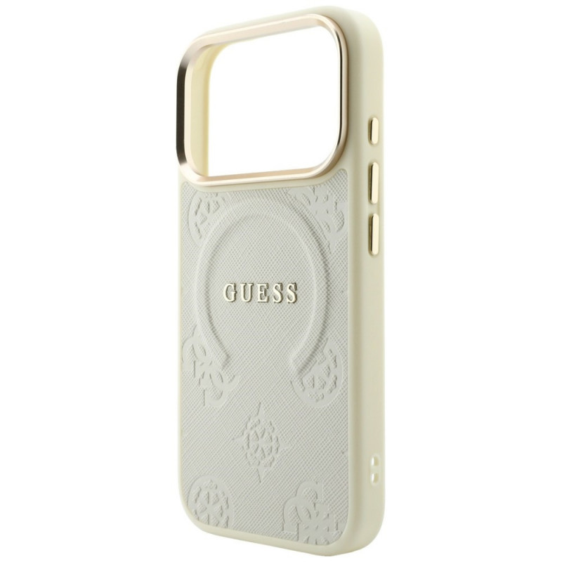 Guess Saffiano Peony & Ring MagSafe dėklas, skirtas Apple iPhone 18 Pro / 17 Pro, smėlio spalvos