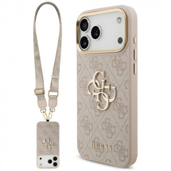 Guess 4G Big 4G Classic Logo Big Strap Metal Buttons dėklas su dirželiu, skirtas Apple iPhone 18 Pro / 17 Pro, rausvas