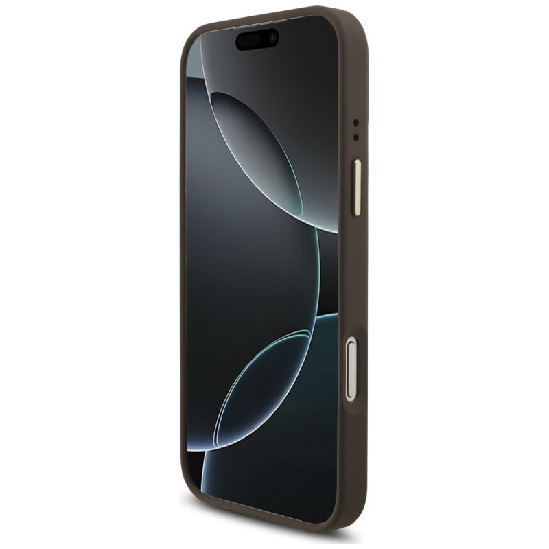 Guess 4G Big 4G Classic Logo Big Strap Metal Buttons dėklas su dirželiu, skirtas Apple iPhone 18 Pro Max / 17 Pro Max, rudas