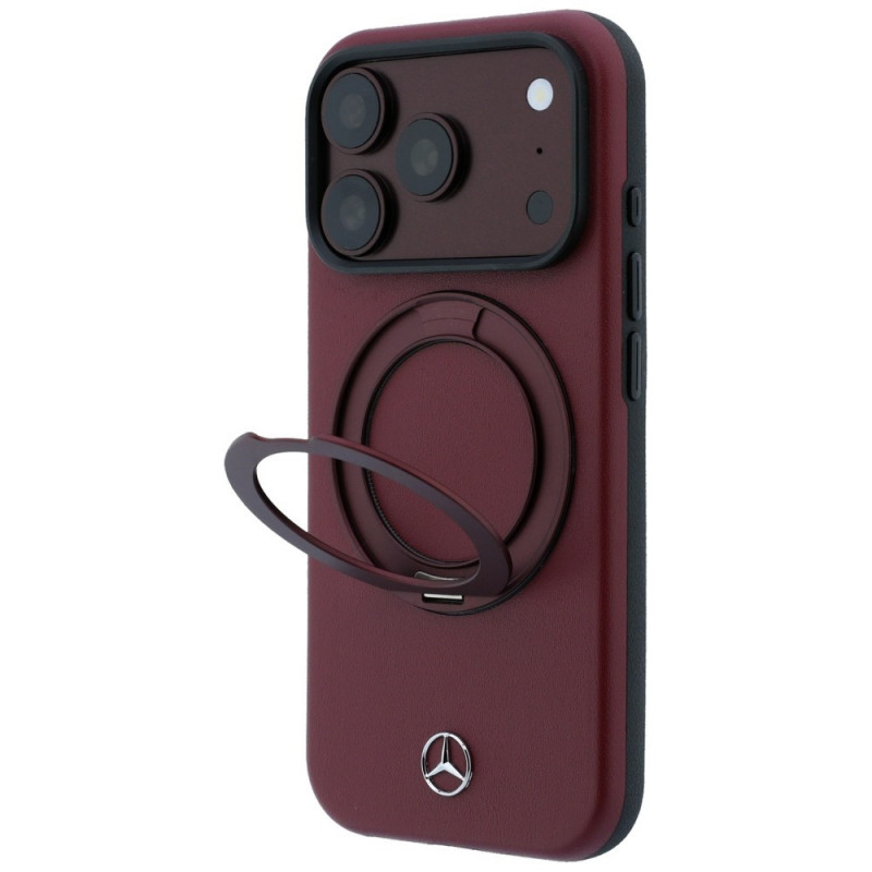 Mercedes-Benz odinis Leather with Ring Stand MagSafe dėklas, skirtas Apple iPhone 18 Pro / 17 Pro, bordo spalvos