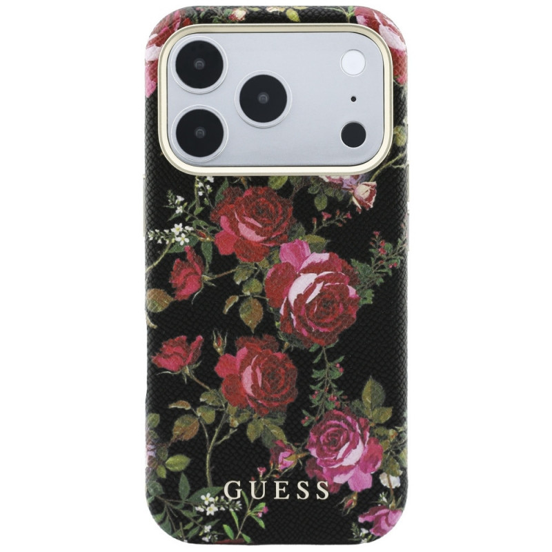 Guess Blossom Roses Print MagSafe dėklas, skirtas Apple iPhone 18 Pro / 17 Pro, juodas