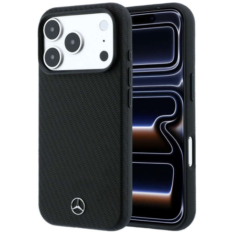 Mercedes-Benz dėklas Grill Pattern ir kortelių piniginė iš ekologiškos odos su MagSafe, skirtas Apple iPhone 18 Pro Max / 17 Pro Max, juodas